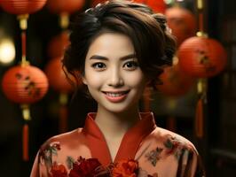AI generated Beautiful Short Haired Asian Woman in Traditional Dress with Blurred Lantern Background. Asian Women Celebrate the Lunar New Year Festival. Generative Ai photo