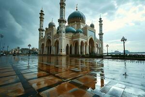 AI generated Beautiful mosque with an atmosphere after the rain, in the afternoon. Generative AI photo