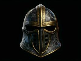 ai generado hierro medieval guerra casco aislado en negro antecedentes. generativo ai foto