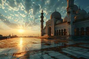 AI generated A Magnificent Mosque with a Beautiful Sky View at Sunset. Generative AI photo