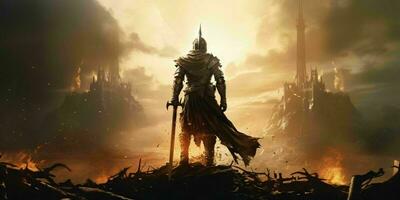 AI generated Armored Medieval Warrior in Front of a Ruined Castle. Knight in Armor. Generative AI photo