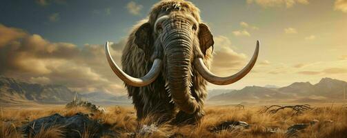 AI generated A Woolly Mammoth with Vast Pastures and Mountains Background. Generative AI photo