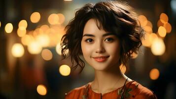 AI generated Beautiful Short Haired Asian Woman in Traditional Dress with Blurred Lantern Background. Asian Women Celebrate the Lunar New Year Festival. Generative Ai photo