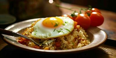 AI generated Delicious fried rice with a sunny side up egg, served on a white plate with a wooden table background. Generative AI photo