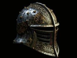 ai generado hierro medieval guerra casco aislado en negro antecedentes. generativo ai foto