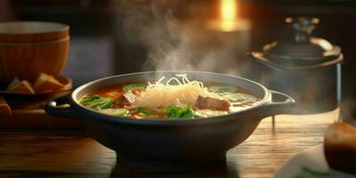 ai generado un cuenco de caliente fideos sopa en de madera mesa. generativo ai foto