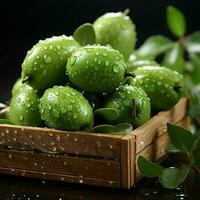 AI generated Fresh Feijoa Fruit with Water Drops Isolated on Black Background. Acca Sellowiana. Generative AI photo