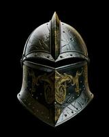 ai generado hierro medieval guerra casco aislado en negro antecedentes. generativo ai foto