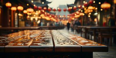 AI generated Empty Wooden Table with Blurred Ancient Chinese Town Background, Decorated with Hanging Lanterns. Generative Ai photo