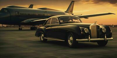 AI generated Luxury Car and Private Jet at the Airport. Business Class Service at the Airport. Generative AI photo