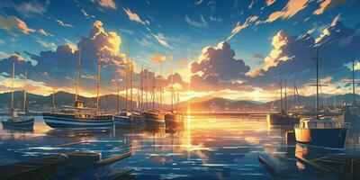 AI generated Beautiful Harbor with Blue Sky and Sunset View in Japanese Anime Style. Generative AI photo