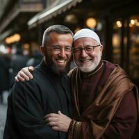 ai generado retrato de musulmán imán y cristiano sacerdote abrazando cada otro. generativo ai foto