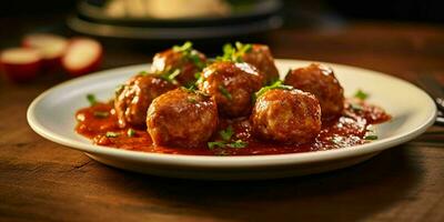 AI generated Delicious Meatballs with Sauce Served on a Plate. Generative AI photo