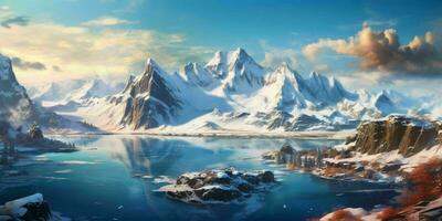 AI generated Illustration of a Large Snowy Mountain Landscape with a Lake Below. Winter Mountains. Generative AI photo
