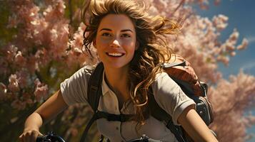 ai generado hermosa y contento joven mujer de viaje en naturaleza con su mochila. generativo ai foto