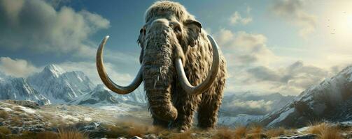 AI generated A Woolly Mammoth with Vast Pastures and Mountains Background. Generative AI photo