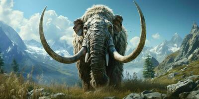 AI generated A Woolly Mammoth with Vast Pastures and Mountains Background. Generative AI photo