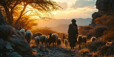 ai generado un medio oriental hombre manadas un rebaño de oveja en un Desierto Valle a puesta de sol. generativo ai foto