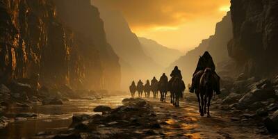 AI generated Arabian People Doing a Long Journey on Foot and Horseback. Generative AI photo