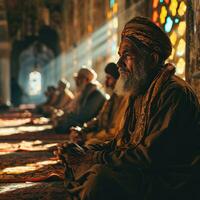 AI generated Muslim Man Praying at a Mosque with Sunlight Effect. Worshiping God. Generative AI photo