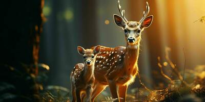 AI generated Deer and Fawn With a Blurry Forest Background. Generative AI photo