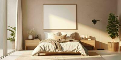 AI generated Minimalist Beige Bed Room Interior Design with Blank White Picture Frame Mockup. Generative AI photo