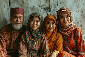 ai generado retrato de un contento asiático musulmán familia en tradicional ropa. generativo ai foto