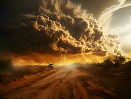 ai generado Tormentoso cielo con relámpago huelgas en el desierto. tormenta de arena paisaje. generativo ai foto