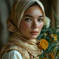 ai generado retrato de un hermosa y exótico joven musulmán mujer con blanco hiyab generativo ai foto