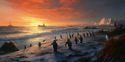 AI generated Penguin Colony on the Beach with Beautiful Sunset View. Generative AI photo