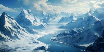AI generated Illustration of a Large Snowy Mountain Landscape with a Lake Below. Winter Mountains. Generative AI photo