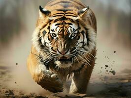 AI generated Portrait of a Ferocious Tiger Running Over the Mud. Generative AI photo