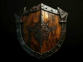 AI generated Medieval Wooden Shield with War Torn Mark. Generative AI photo