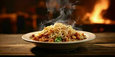 AI generated Delicious Fried Noodle with Smoky Effect on a Wooden Table. Generative AI photo