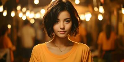 AI generated Portrait of Cute and Young Short Hair Asian Woman with Blurred Cafe Background. Generative Ai photo