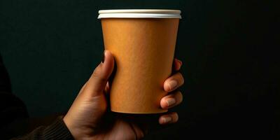 AI generated Female Hand Holding a Brown Coffee Paper Cup on Black Background. Elegant Coffee Cup Mockup. Generative AI photo