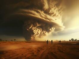 ai generado Tormentoso cielo con relámpago huelgas en el desierto. tormenta de arena paisaje. generativo ai foto