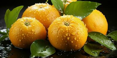 AI generated Fresh Oranges with Water Droplets Isolated on a Black Background. Generative AI photo