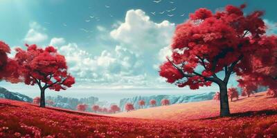 ai generado ilustración de arboles con rojo hojas en un grande césped campo. hermosa paisaje. generativo ai foto