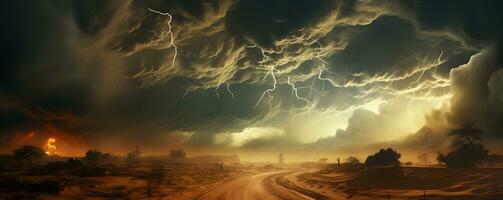 AI generated Stormy Sky with Lightning Strikes in the Desert. Sandstorm Landscape. Generative Ai photo