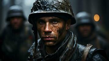 AI generated Portrait of a Soldier in a War Zone. Man in Battle. Generative Ai photo