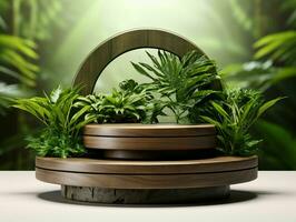 AI generated Wooden Product Display Podium with Nature Background. Natural Product Placement Pedestal Stand. Generative AI photo