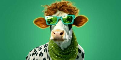 AI generated Portrait of Cool and Funny Cow Wearing Glasses in Studio Background. Generative AI photo