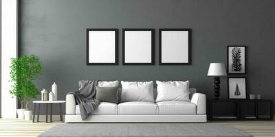 AI generated Modern and Minimalist Living Room Interior Design with Blank White Picture Frame Mockup. Generative AI photo