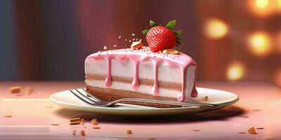 AI generated A Slice of Sweet Pink Cake with Strawberries and Cream on Top. Generative AI photo