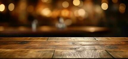 AI generated Empty Wooden Table with Bokeh Cafe Background and Golden Lights. Generative AI photo