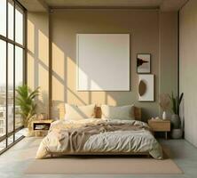 AI generated Minimalist Beige Bed Room Interior Design with Blank White Picture Frame Mockup. Generative AI photo