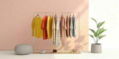 AI generated Fashionable Clothes on Hangers in a Minimalist Interior. Fashion Show Room Interior. Generative AI photo