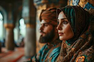 ai generado musulmán Pareja sentado en un mezquita en tradicional vestido. generativo ai foto