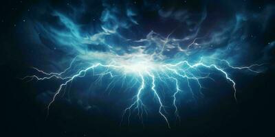 AI generated Blue Lightning with Dark Cloudy Sky. Thunderstorm Background. Generative AI photo